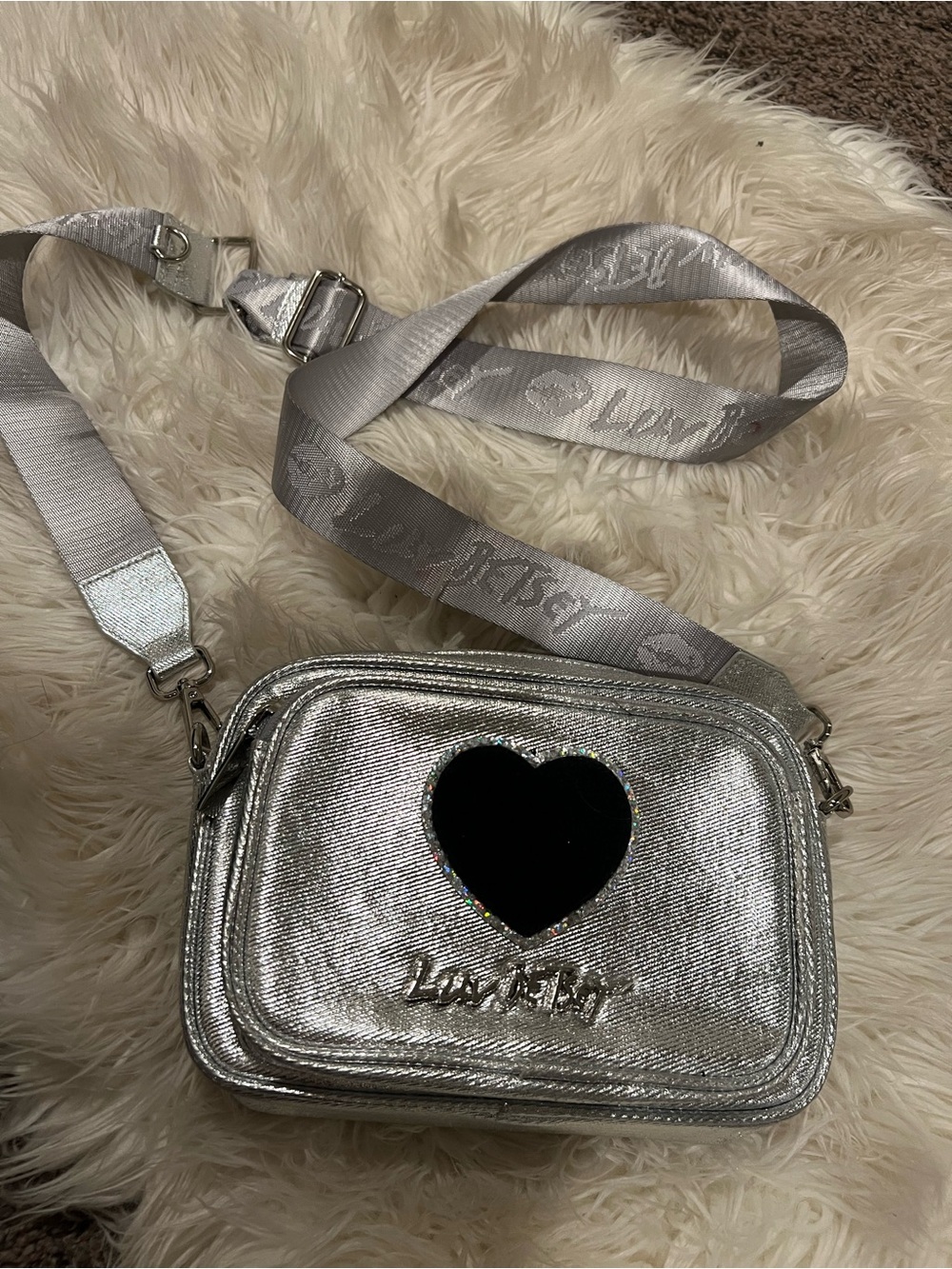 Betsey Johnson Silver Crossbody with Black Heart Accent